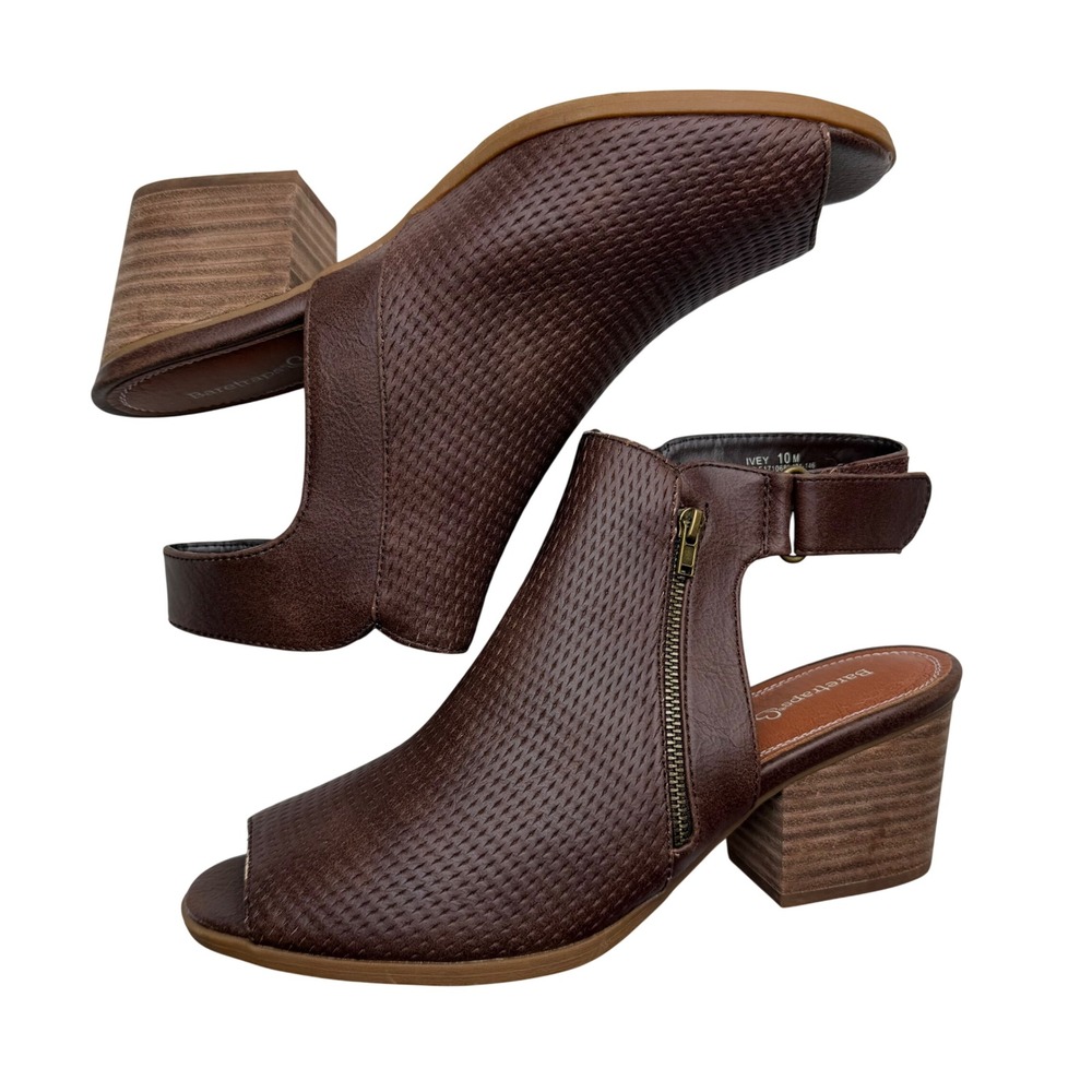 Baretraps Ivey Peep Toe Bootie Brown Perforated Block Heel Boho Western Sz 10 M